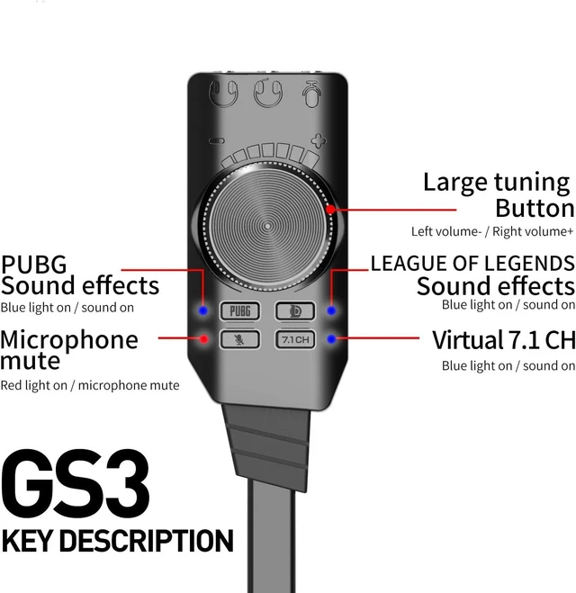 Alt view image 7 of 7 - USB Sound Card Virtual 7.1 Surround Sound USB External Sound Card Adapter with PUBG Sound Effects for PC/PS4/PS5/Mac/Gaming Headset,Plug and Play