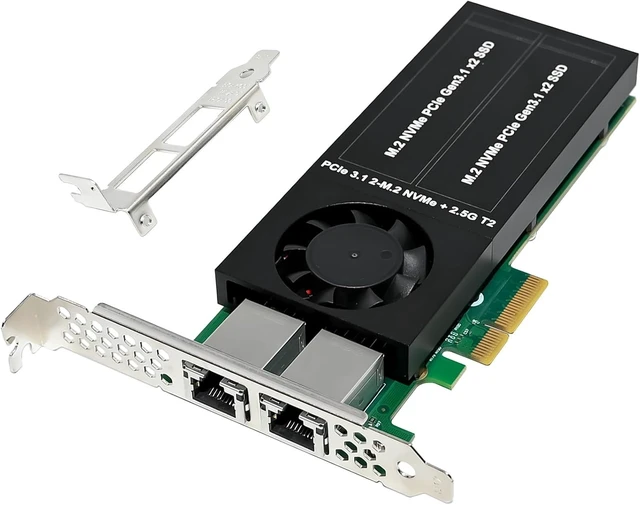 Main image of PCIe 3.1 X4 to Dual 2.5G Network Card+Dual M.2 NVMe PCIe Adapter with Low Profile Bracket Support M.2 (M Key) NVMe SSD 22110/2280 /2260/2242 /2230