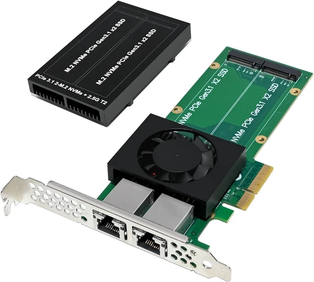 Alt view image 4 of 7 - PCIe 3.1 X4 to Dual 2.5G Network Card+Dual M.2 NVMe PCIe Adapter with Low Profile Bracket Support M.2 (M Key) NVMe SSD 22110/2280 /2260/2242 /2230