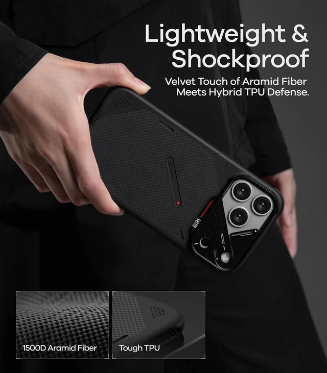 Alt view image 6 of 7 - Aulumu A18 iPhone 18 Pro Armor Shockproof Aramid Fiber Case Black
MagSafe-Compatible | Heavy-Duty Protection | With Touch Buttons | Full-Frame Protection | Signature CoolHyper Tech | 1500D