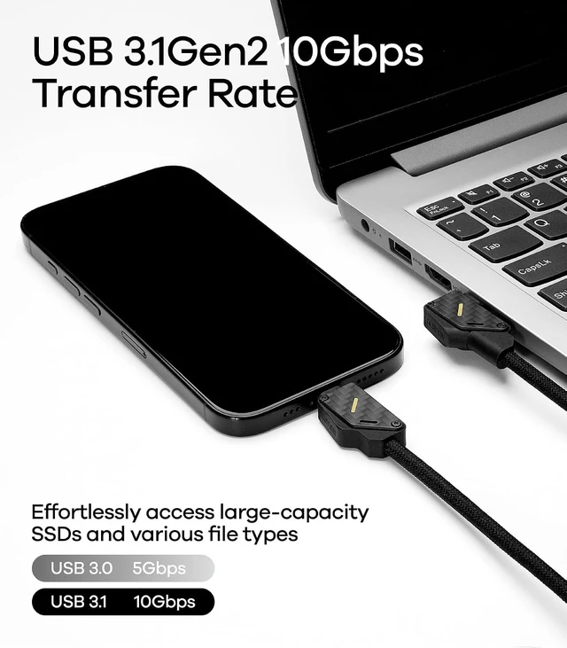 Alt view image 6 of 7 - Aulumu M07 240W USB-C to USB-C Carbon Fiber Cable | USB 3.1 Gen2 10Gbps | 4K@60Hz Video Output Fast Charging | for iPhone 18/17/16/15 Pro Max, NVMe SSD, S25/S24/S23 Ultra, MacBook Pro -Black 3.9FT