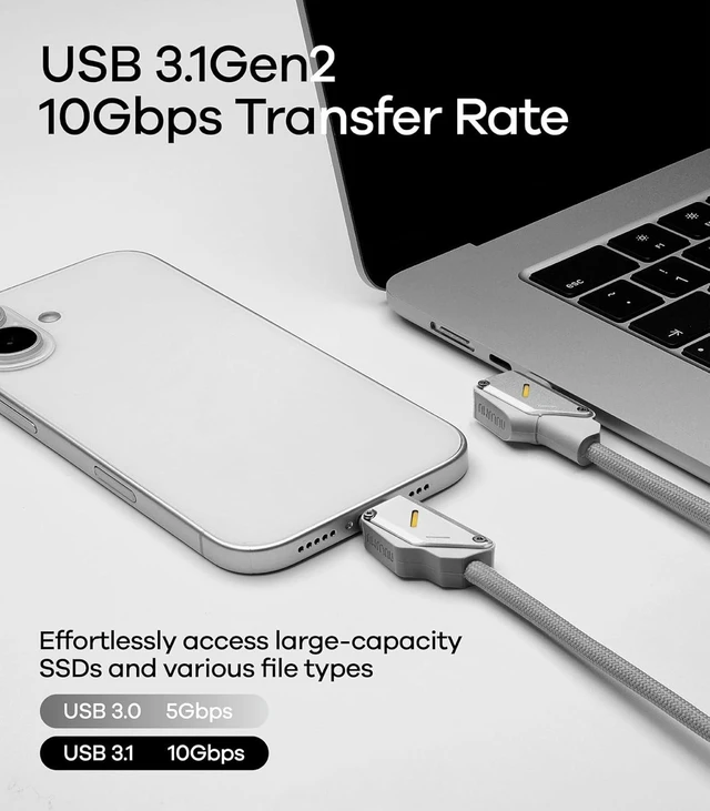 Alt view image 5 of 7 - Aulumu M07 240W USB-C to USB-C Carbon Fiber Cable | USB 3.1 Gen2 10Gbps | 4K@60Hz Video Output Fast Charging | for iPhone 18/17/16/15 Pro Max, NVMe SSD, S25/S24/S23 Ultra, MacBook Pro -Black 3.9FT