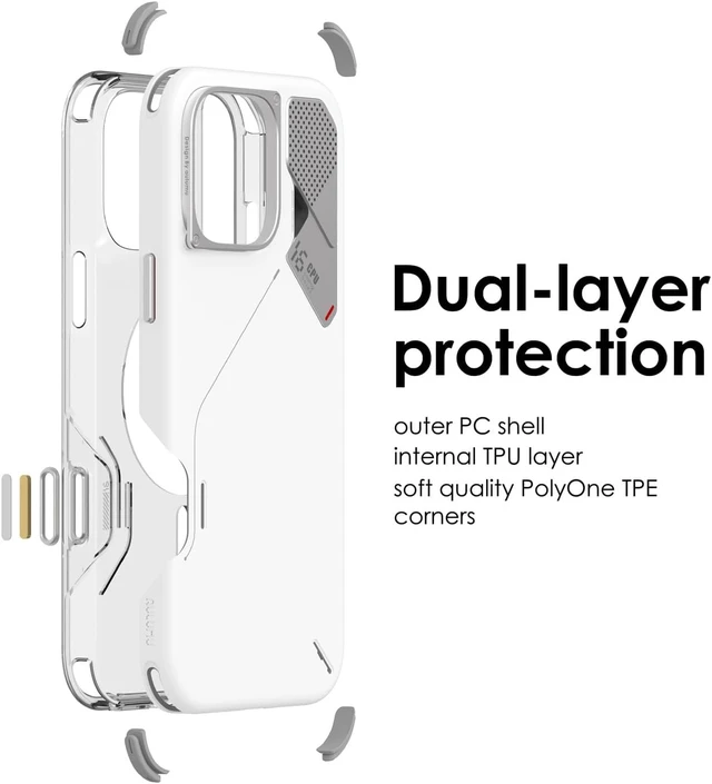 Alt view image 3 of 6 - Aulumu A16 Shockproof iPhone 16 Pro Max Case | Updated Camera Control | Real Cooling | Aluminum Alloy Camera Frame | Multi-Layer Composite Protection - White