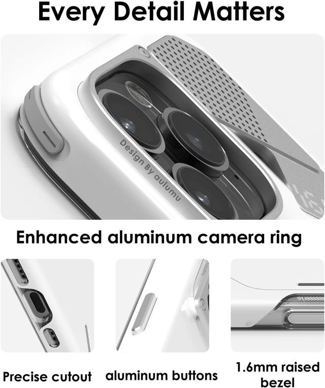 Alt view image 4 of 6 - Aulumu A16 Shockproof iPhone 16 Pro Max Case | Updated Camera Control | Real Cooling | Aluminum Alloy Camera Frame | Multi-Layer Composite Protection - White