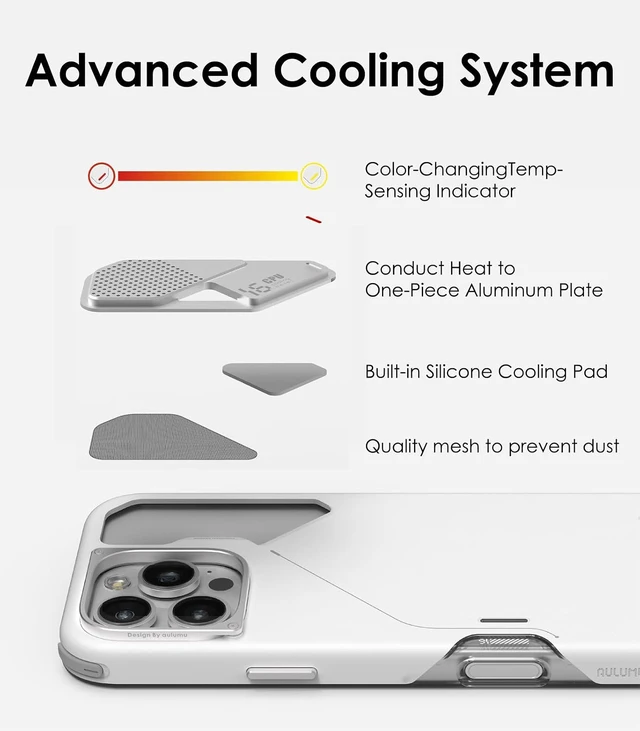 Alt view image 5 of 6 - Aulumu A16 Shockproof iPhone 16 Pro Max Case | Updated Camera Control | Real Cooling | Aluminum Alloy Camera Frame | Multi-Layer Composite Protection - White