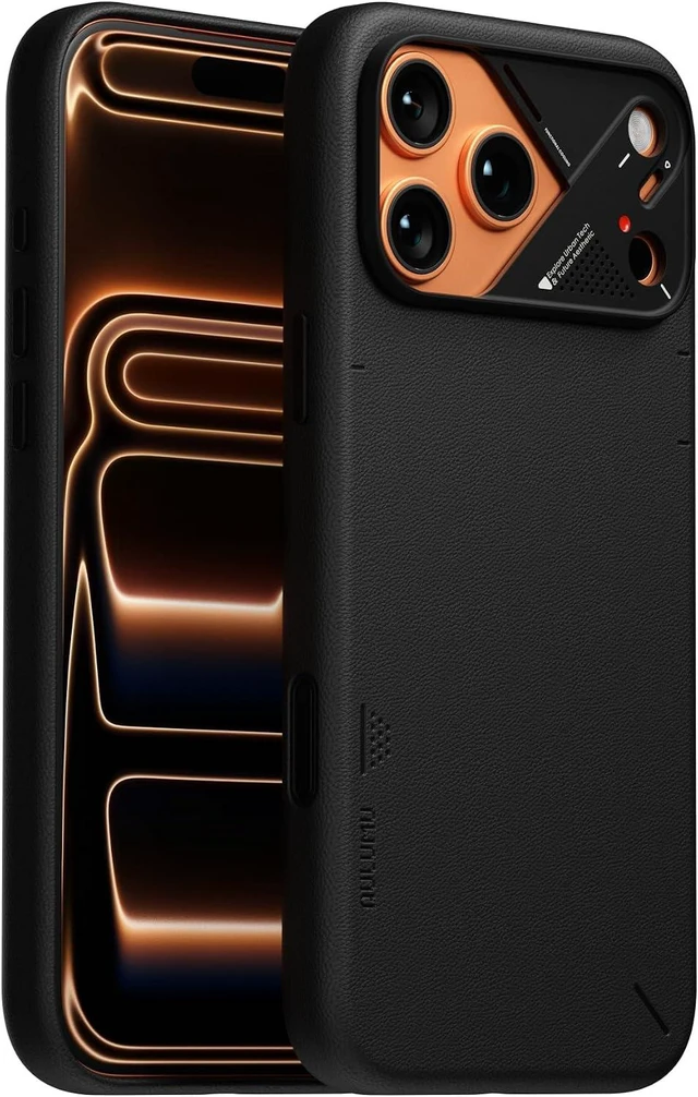 Main image of Aulumu A17 Vegan Leather CoolHyper iPhone 17 Pro Max Case | Camera Control | with Cooling Fins | Luxury Comfort | Compatible with MagSafe | Complete Wrap-Around - White Black iPhone 17 Pro