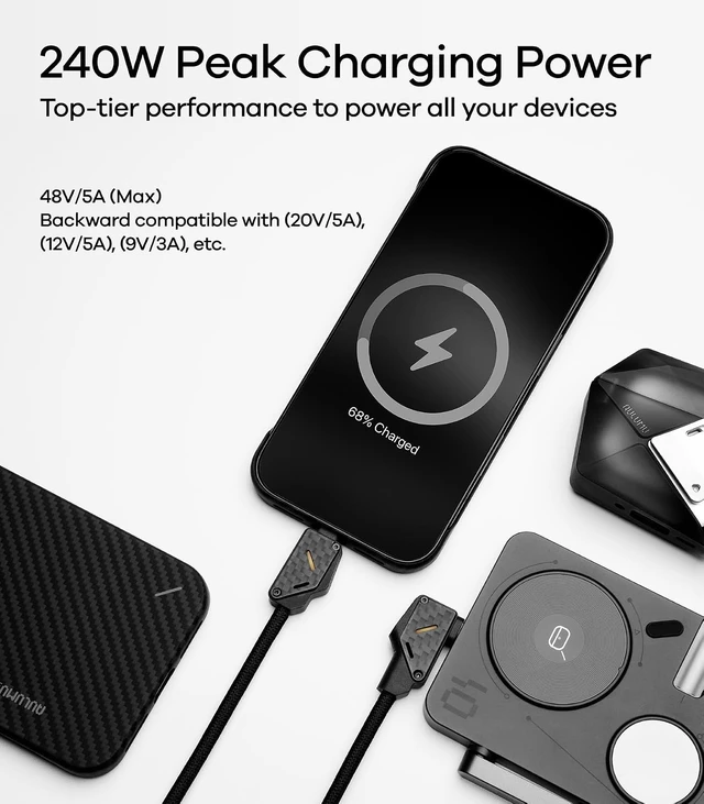 Alt view image 6 of 7 - Aulumu M07 240W USB-C to USB-C Carbon Fiber Cable 6.6FT + G05 Pro Magnetic Phone Kickstand with EDC Multi-Tool Black
