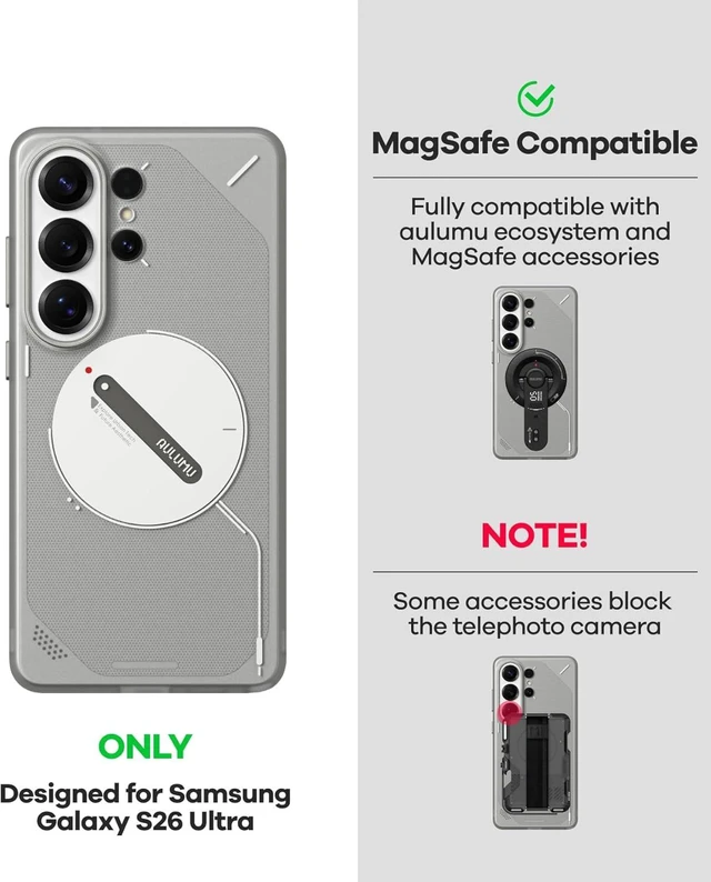 Alt view image 7 of 7 - Aulumu S26 Ultra Galaxy Magnetic Case+G09 Ghost Infinite 360° Magnetic Ring Grip,Includes (S26) Translucent Gray+ (G09) Vibrant Orange