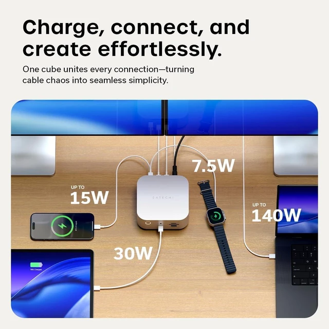 Alt view image 2 of 7 - Satechi Thunderbolt 5 CubeDock with Built-in NVMe SSD Enclosure, Silver
USB-C Docking Station, 80/120Gbps USB4 v2, 140W Charging, Up to 8K Display, 2.5GbE, 10Gbps Type-A/C, Active Cooling