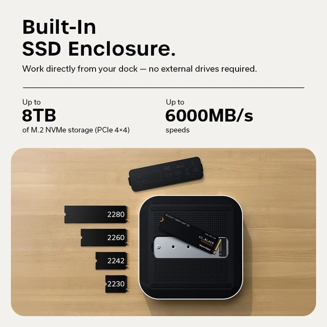 Alt view image 7 of 7 - Satechi Thunderbolt 5 CubeDock with Built-in NVMe SSD Enclosure, Silver
USB-C Docking Station, 80/120Gbps USB4 v2, 140W Charging, Up to 8K Display, 2.5GbE, 10Gbps Type-A/C, Active Cooling