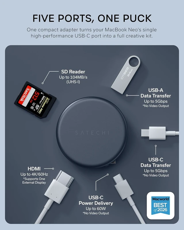 Alt view image 4 of 7 - Satechi OntheGo 5-in-1 USB-C Hub, 4K/60Hz HDMI, SD Card Reader, Indigo
USB hub, 60W PD pass-through charging, SD card reader, 5 Gbps Type-A/Type-C data, magnetic mount, for MacBook Neo/Air/Pro
