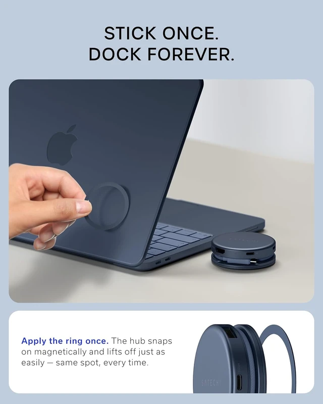 Alt view image 7 of 7 - Satechi OntheGo 5-in-1 USB-C Hub, 4K/60Hz HDMI, SD Card Reader, Indigo
USB hub, 60W PD pass-through charging, SD card reader, 5 Gbps Type-A/Type-C data, magnetic mount, for MacBook Neo/Air/Pro