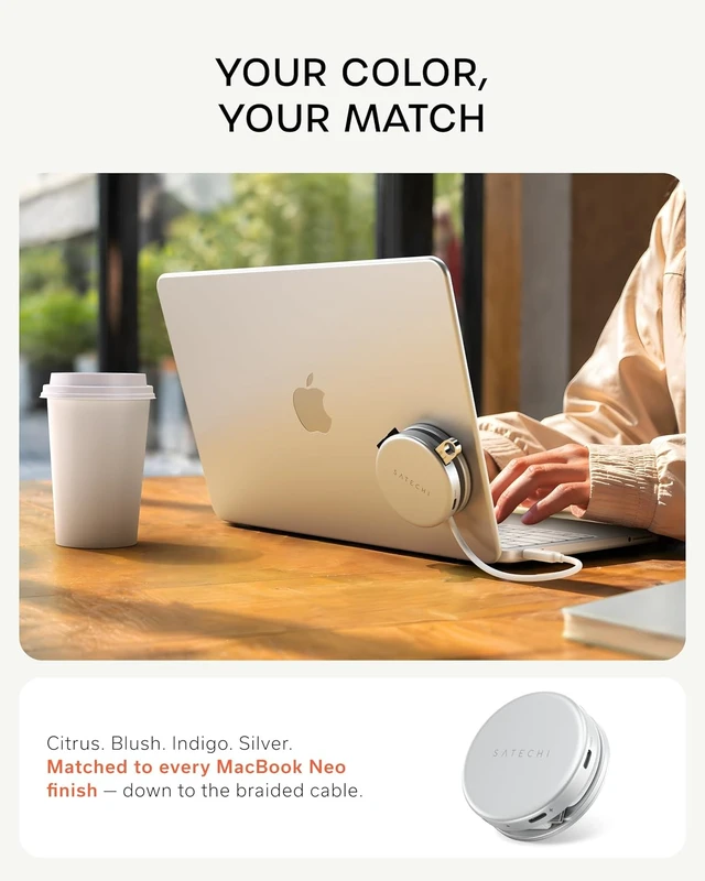 Alt view image 4 of 7 - Satechi OntheGo 5-in-1 USB-C Hub, 4K/60Hz HDMI, SD Card Reader, Indigo
USB hub, 60W PD pass-through charging, SD card reader, 5 Gbps Type-A/Type-C data, magnetic mount, for MacBook Neo/Air/Pro Silver