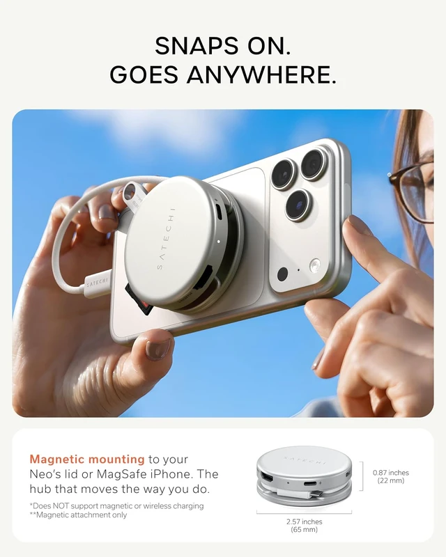 Alt view image 5 of 7 - Satechi OntheGo 5-in-1 USB-C Hub, 4K/60Hz HDMI, SD Card Reader, Indigo
USB hub, 60W PD pass-through charging, SD card reader, 5 Gbps Type-A/Type-C data, magnetic mount, for MacBook Neo/Air/Pro Silver