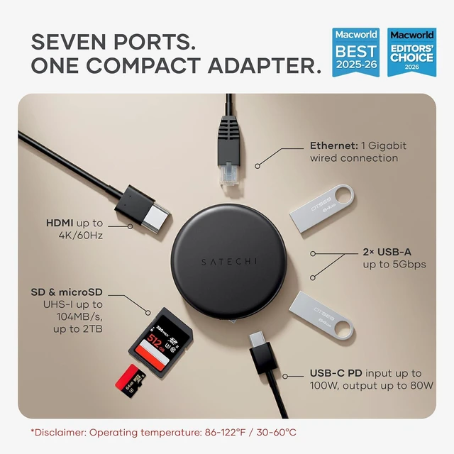 Alt view image 7 of 7 - Satechi OntheGo 7-in-1 USB-C Hub, 4K/60Hz HDMI, 100W PD, Space Black
100W PD, gigabit Ethernet, dual 5 Gbps Type-A ports, SD/microSD reader, coiled cable, fits Mac & Windows