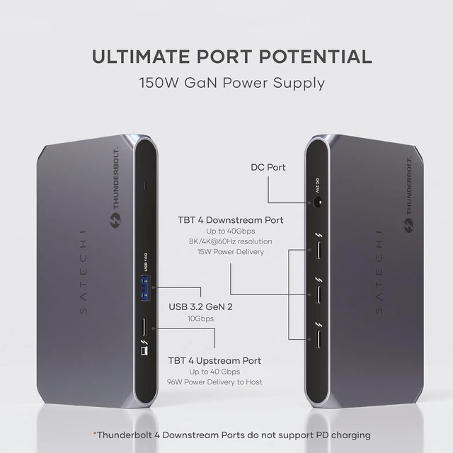 Alt view image 5 of 7 - Satechi Thunderbolt 4 Slim Hub Pro, Docking Station, 100W USB-C Charging
Single 8K or dual 4K display, 4 Thunderbolt ports, USB 3.2 Gen2, for Mac, Windows, MacBook Air/Pro, Dell, Surface, Lenovo