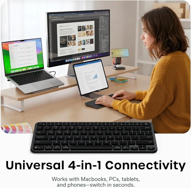 Alt view image 2 of 7 - Satechi Slim EX1 Wireless Keyboard, 4-in-1 Connectivity, Space Black
3 Bluetooth plus 2.4 GHz, instant OS remap, rechargeable battery, for Mac, Windows, Android