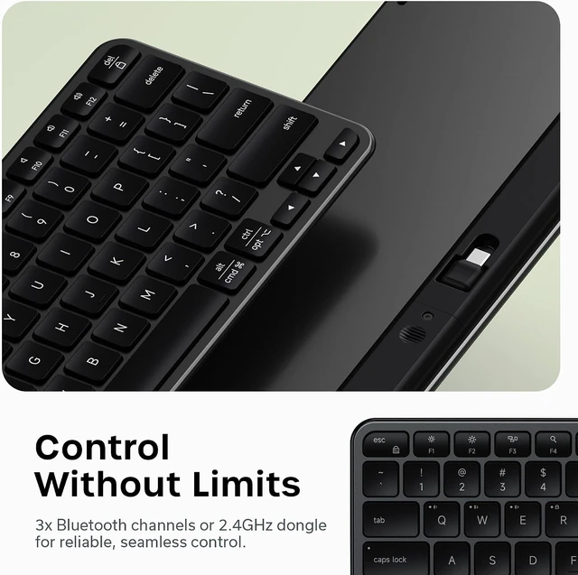 Alt view image 3 of 7 - Satechi Slim EX1 Wireless Keyboard, 4-in-1 Connectivity, Space Black
3 Bluetooth plus 2.4 GHz, instant OS remap, rechargeable battery, for Mac, Windows, Android