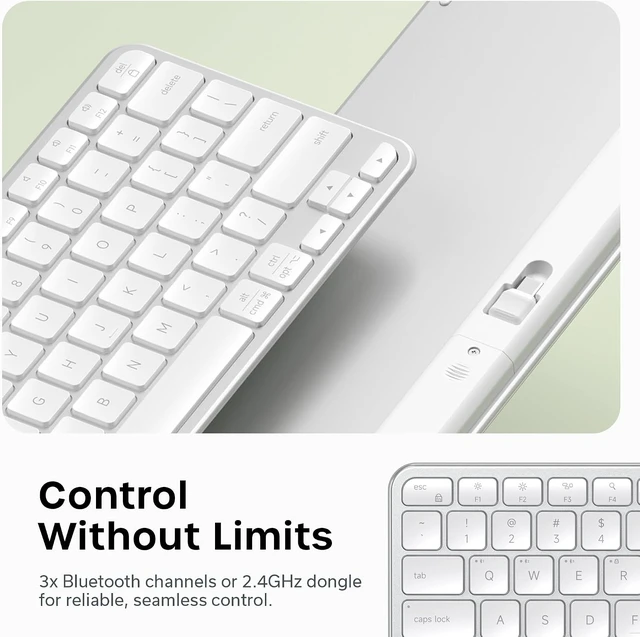 Alt view image 2 of 7 - Satechi Slim EX1 Wireless Keyboard, 4-in-1 Connectivity, Space Black
3 Bluetooth plus 2.4 GHz, instant OS remap, rechargeable battery, for Mac, Windows, Android Silver Keyboard