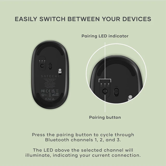 Alt view image 5 of 7 - Satechi OntheGo Bluetooth Mouse, Connect Up to 3 Devices, for Laptop, Black
USB-C rechargeable battery, compact & portable, for laptop, computer, tablet