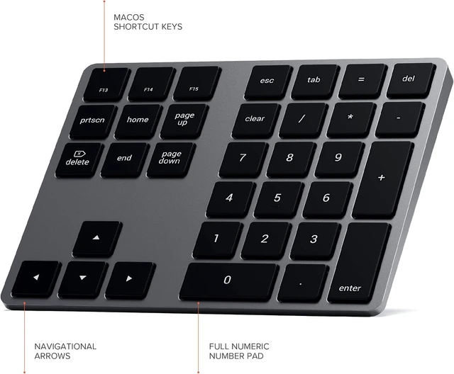 Alt view image 6 of 6 - Satechi Bluetooth Extended Numeric Keypad, Rechargeable 34-Key, Space Gray
U.S. English layout, compatible with MacBook Air/Pro/Neo, iPad Air/Pro, Mac Mini, iMac