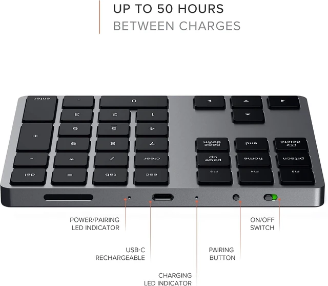 Alt view image 3 of 6 - Satechi Bluetooth Extended Numeric Keypad, Rechargeable 34-Key, Space Gray
U.S. English layout, compatible with MacBook Air/Pro/Neo, iPad Air/Pro, Mac Mini, iMac