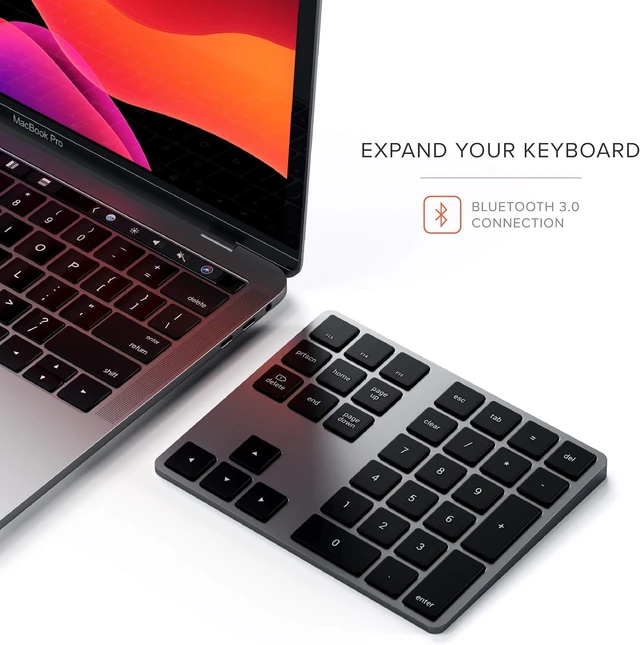 Alt view image 4 of 6 - Satechi Bluetooth Extended Numeric Keypad, Rechargeable 34-Key, Space Gray
U.S. English layout, compatible with MacBook Air/Pro/Neo, iPad Air/Pro, Mac Mini, iMac