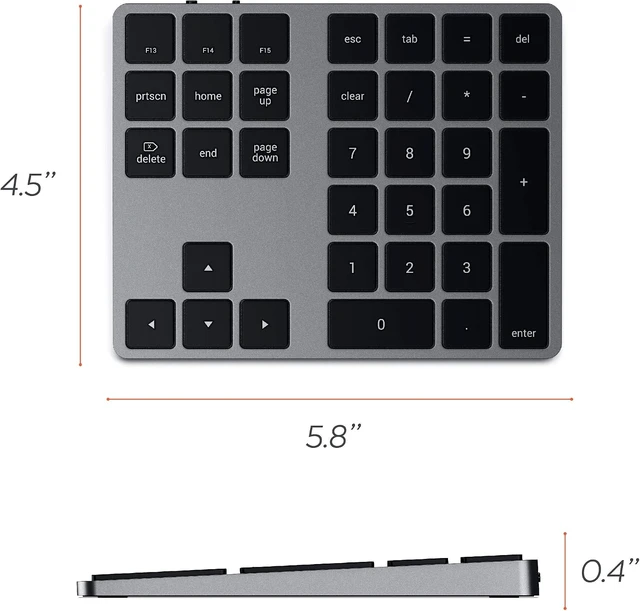 Alt view image 5 of 6 - Satechi Bluetooth Extended Numeric Keypad, Rechargeable 34-Key, Space Gray
U.S. English layout, compatible with MacBook Air/Pro/Neo, iPad Air/Pro, Mac Mini, iMac