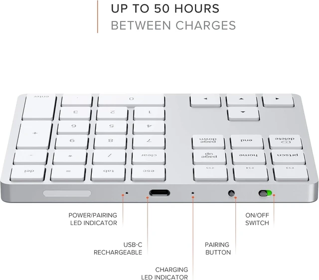 Alt view image 6 of 6 - Satechi Bluetooth Extended Numeric Keypad, Rechargeable 34-Key, Space Gray
U.S. English layout, compatible with MacBook Air/Pro/Neo, iPad Air/Pro, Mac Mini, iMac Silver
