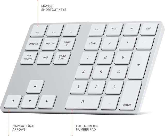 Alt view image 2 of 6 - Satechi Bluetooth Extended Numeric Keypad, Rechargeable 34-Key, Space Gray
U.S. English layout, compatible with MacBook Air/Pro/Neo, iPad Air/Pro, Mac Mini, iMac Silver
