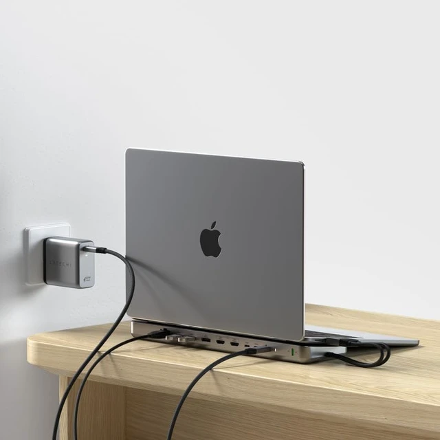 Alt view image 4 of 7 - Satechi Dual Docking Station & Stand, 2X 4K HDMI, 75W PD Charging, Ethernet
DisplayPort output, 75W PD charging, 2 USB-C and 2 USB-A data, Ethernet, SATA/NVMe SSD enclosure, for MacBook, Windows