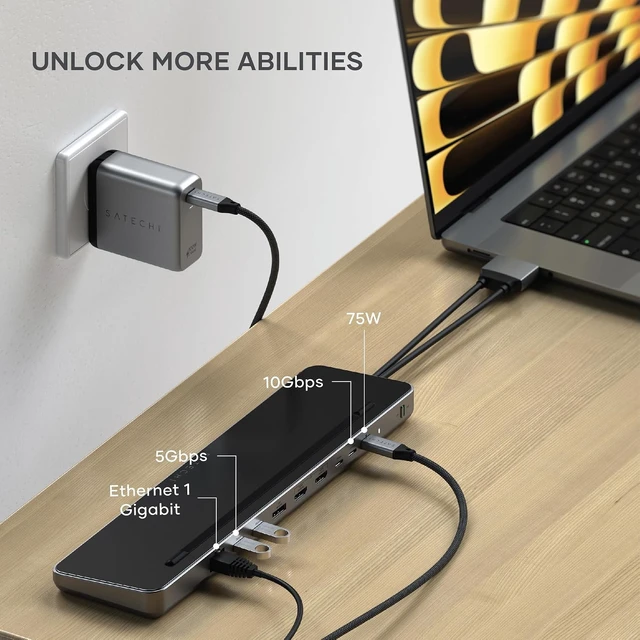 Alt view image 2 of 7 - Satechi Dual Docking Station & Stand, 2X 4K HDMI, 75W PD Charging, Ethernet
DisplayPort output, 75W PD charging, 2 USB-C and 2 USB-A data, Ethernet, SATA/NVMe SSD enclosure, for MacBook, Windows