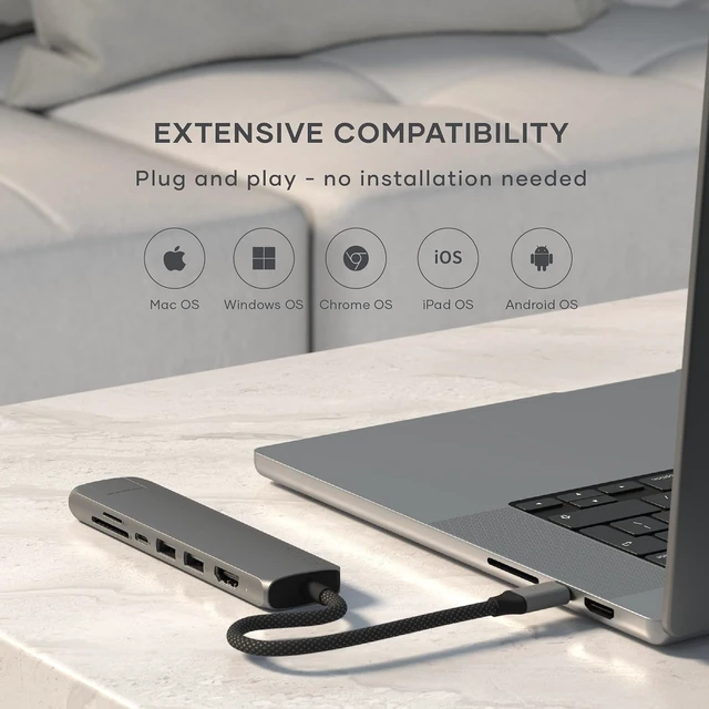Alt view image 3 of 7 - Satechi 7-in-1 USB-C Hub with Ethernet, 4K/60Hz HDMI, Space Gray
USB hub, 100W PD Charging, 2X USB-A Data Ports, Micro/SD Card Readers, for MacBook Air/Pro/Neo, iPad Air/Pro, Windows