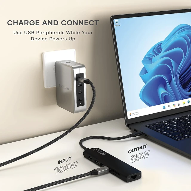 Alt view image 7 of 7 - Satechi 7-in-1 USB-C Hub with Ethernet, 4K/60Hz HDMI, Space Gray
USB hub, 100W PD Charging, 2X USB-A Data Ports, Micro/SD Card Readers, for MacBook Air/Pro/Neo, iPad Air/Pro, Windows Black - Slim PLUS