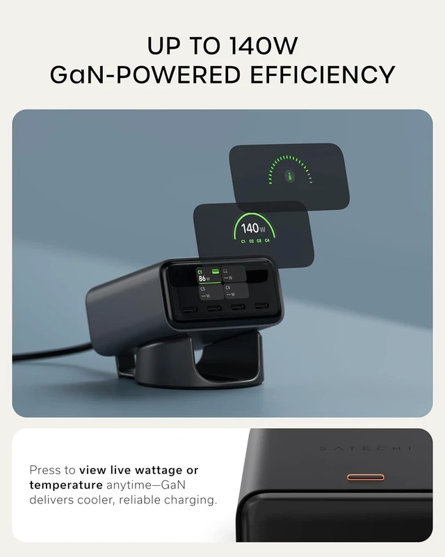 Alt view image 5 of 7 - Satechi ChargeView 140W GaN Charger, Live Power Display, Space Black
4-port desktop charging station, built for modern workspaces