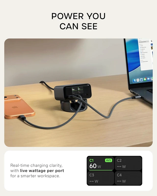 Alt view image 4 of 7 - Satechi ChargeView 140W GaN Charger, Live Power Display, Space Black
4-port desktop charging station, built for modern workspaces