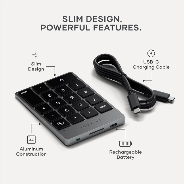 Alt view image 5 of 6 - Satechi Slim Aluminum Bluetooth Keypad, USB-C Rechargeable, Space Gray
18-Key Wireless Number Pad, for MacBook, iMac, iPad, PC, and Laptops
