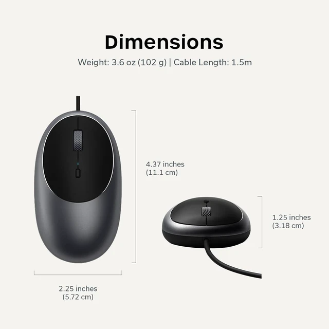 Alt view image 3 of 6 - Satechi Aluminum C1 Wired USB-C Mouse, Optical Sensor, Space Gray
Compact design, for MacBook, iPad, iPad mini, Mac mini, iMac