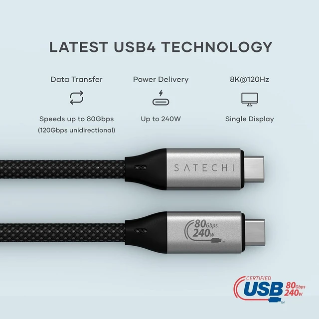 Alt view image 3 of 7 - Satechi USB4 V2 Pro Cable, 240W Charging, Up to 120Gbps Data Transfer
1.2 m/3.9 ft length, up to 120 Gbps data transfer, 8K display support, Thunderbolt 5/4/3 compatible, for MacBook, Windows