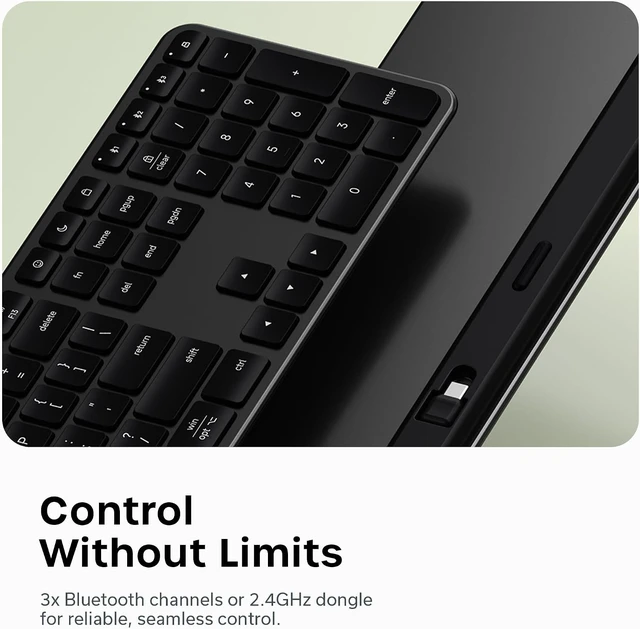 Alt view image 3 of 7 - Satechi Slim EX3 Wireless Keyboard, Bluetooth & 2.4 GHz, Space Black
Full-size with numpad, instant OS key remap, rechargeable battery, for macOS, Windows, Android