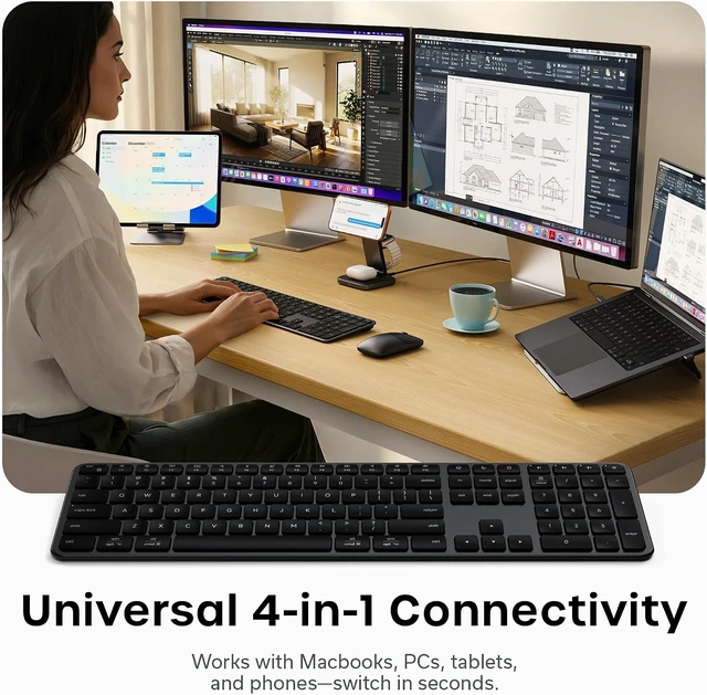 Alt view image 6 of 7 - Satechi Slim EX3 Wireless Keyboard, Bluetooth & 2.4 GHz, Space Black
Full-size with numpad, instant OS key remap, rechargeable battery, for macOS, Windows, Android