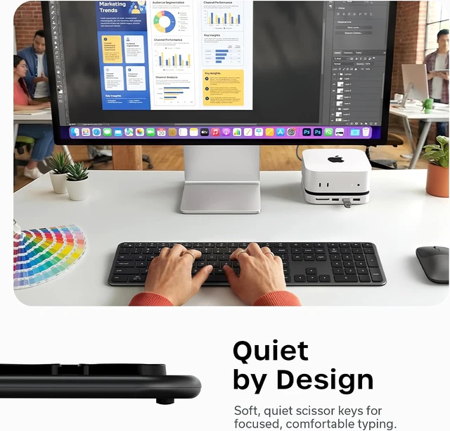 Alt view image 5 of 7 - Satechi Slim EX3 Wireless Keyboard, Bluetooth & 2.4 GHz, Space Black
Full-size with numpad, instant OS key remap, rechargeable battery, for macOS, Windows, Android