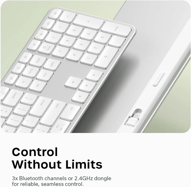 Alt view image 3 of 7 - Satechi Slim EX3 Wireless Keyboard, Bluetooth & 2.4 GHz, Space Black
Full-size with numpad, instant OS key remap, rechargeable battery, for macOS, Windows, Android Silver