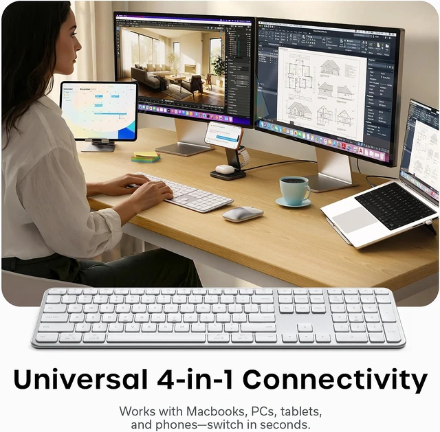 Alt view image 2 of 7 - Satechi Slim EX3 Wireless Keyboard, Bluetooth & 2.4 GHz, Space Black
Full-size with numpad, instant OS key remap, rechargeable battery, for macOS, Windows, Android Silver