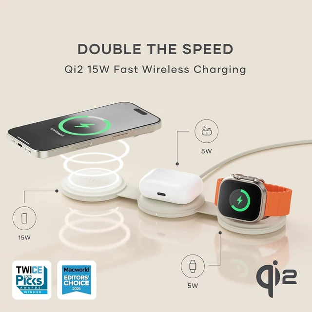 Alt view image 3 of 6 - Satechi OntheGo 3-in-1 Wireless Charger, Qi2 15W Fast Charging, Sand
5W for Apple Watch and AirPods, magnetic travel stand, fits iPhone 12-18 Desert Rose