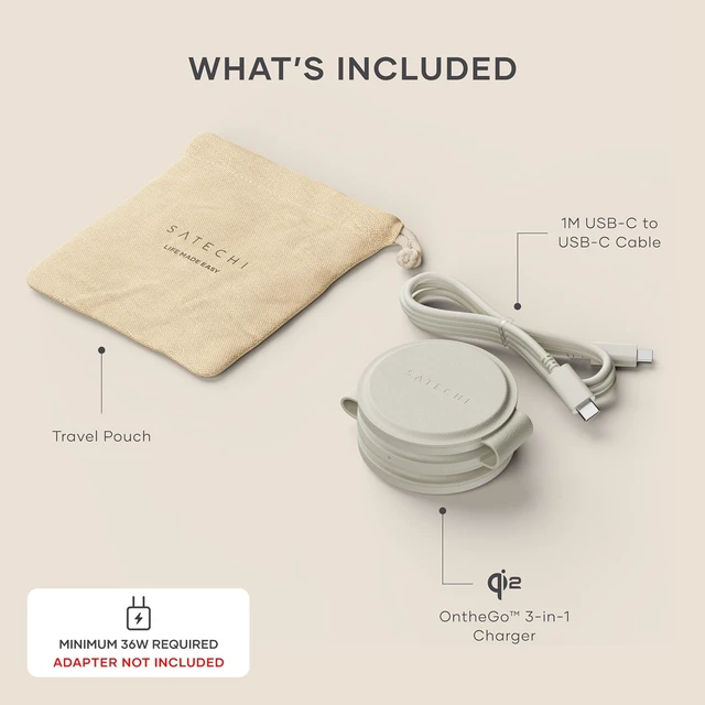 Alt view image 2 of 6 - Satechi OntheGo 3-in-1 Wireless Charger, Qi2 15W Fast Charging, Sand
5W for Apple Watch and AirPods, magnetic travel stand, fits iPhone 12-18 Desert Rose