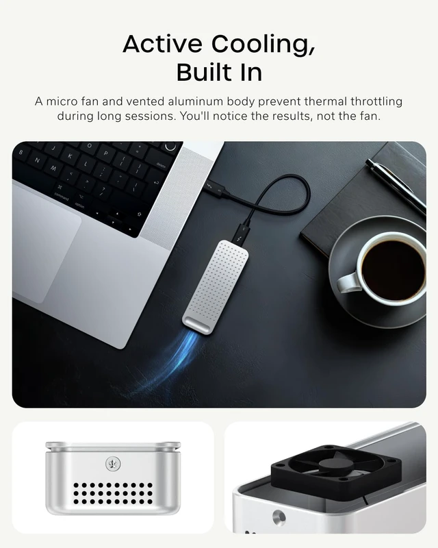 Alt view image 3 of 7 - Satechi DotDisk 80Gbps NVMe SSD Enclosure, Fast Data Transfer, Space Black
Aluminum housing, active cooling design, built for modern workspaces Silver