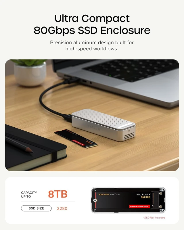 Alt view image 2 of 7 - Satechi DotDisk 80Gbps NVMe SSD Enclosure, Fast Data Transfer, Space Black
Aluminum housing, active cooling design, built for modern workspaces Silver