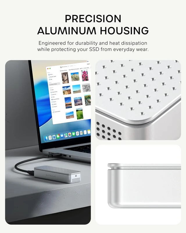 Alt view image 5 of 7 - Satechi DotDisk 80Gbps NVMe SSD Enclosure, Fast Data Transfer, Space Black
Aluminum housing, active cooling design, built for modern workspaces Silver