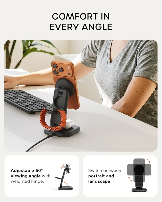 Alt view image 4 of 7 - Satechi 3-in-1 Qi2 Foldable Stand, Wireless Charging Station, Space Black
25W Magnetic Charging, 45W USB-C adapter included, for iPhone 18, Apple Watch Series 12, AirPods
